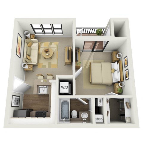 Floor plan for 1 bed, 1 bath, 650 sqft